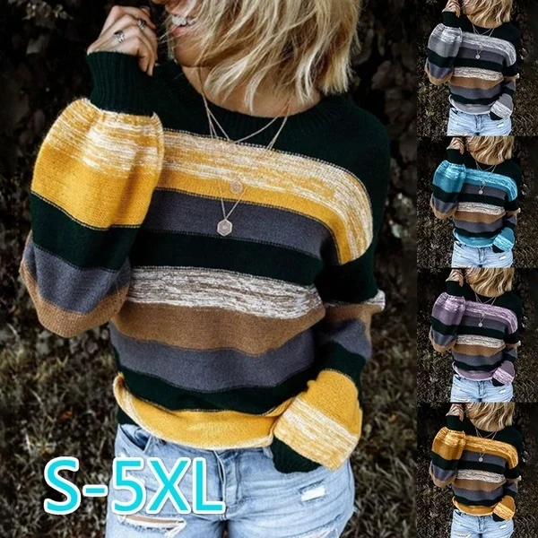 

Fashion Women Striped Sweater Autumn Winter O Neck Long Sleeve Sweater Loose Knitted Pullover Patchwork Sweter De Mujer Invierno