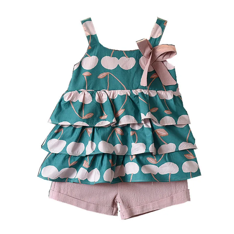 

MudiPanda Summer Girls Sets Lovely Children Clothing Suspender Bow Top Fruits Print Pattern Short Pant 2PCS Outfits Girl 3-7 Y