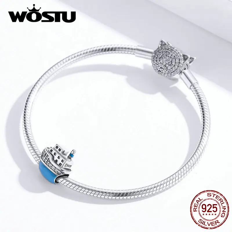 WOSTU 925 пробы Серебряный Круизный корабль голубой бисер циркония талисманы подходят браслет ожерелье Роскошные ювелирные изделия CQC1379