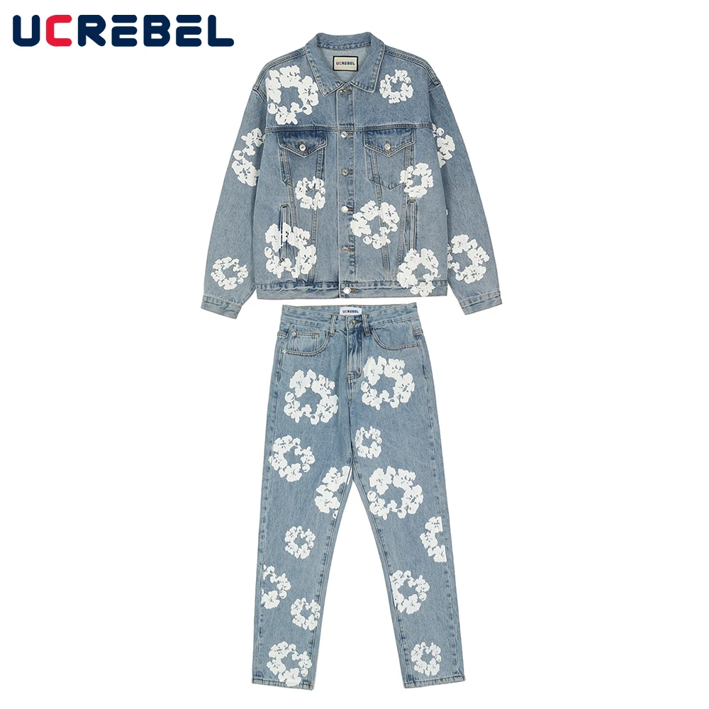 

Джинсовый костюм мужской с цветочным принтом, уличный костюм из двух предметов в стиле High Street, потертый Свободный Повседневный костюм с дли...