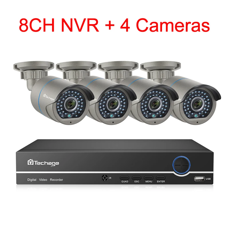 8CH NVR and 4 Camera H.265 8CH 1080P POE CCTV система безопасности NVR Комплект Двухсторонний аудио 2MP ИК Открытый водонепроницаемый AI IP камера P2P комплект видеонаблюдения - Цвет: 8CH NVR and 4 Camera
