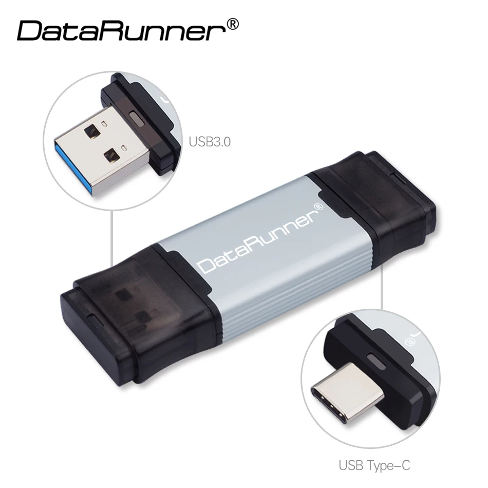 Серебристый USB флеш-накопитель DataRunner type C, USB флешка, 3,0, 512 ГБ, 256 ГБ, 128 ГБ, 64 ГБ, 32 ГБ, внешний накопитель, флешка для type-C/PC - Цвет: Серебристый