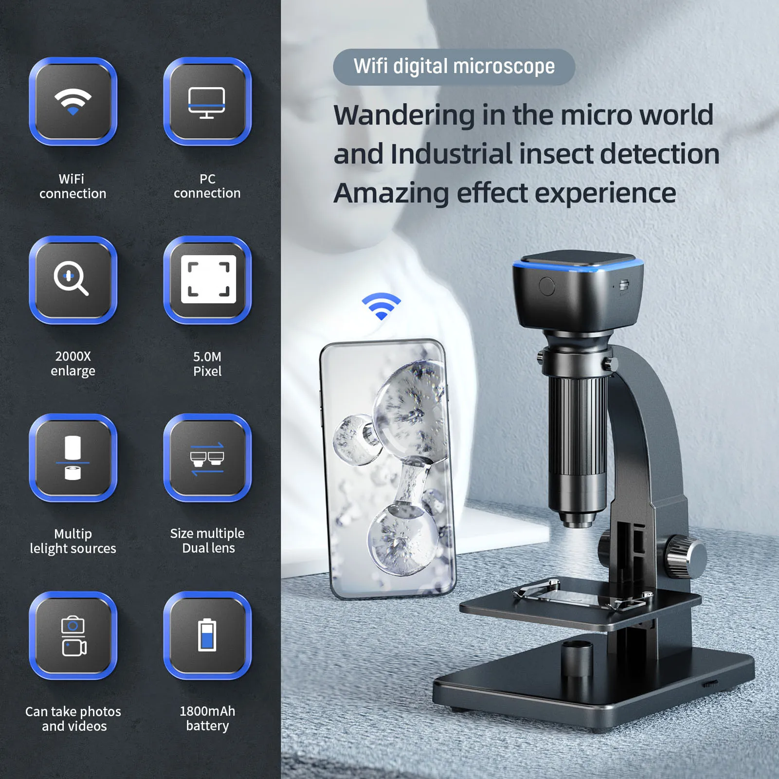 

Inskam315w Wi-Fi/PC соединение 0 ~ 2000X увеличение 5,0 M пикселей Цифровые микроскопы двойной светодиодный cob огни источников Двойной объектив подключен...