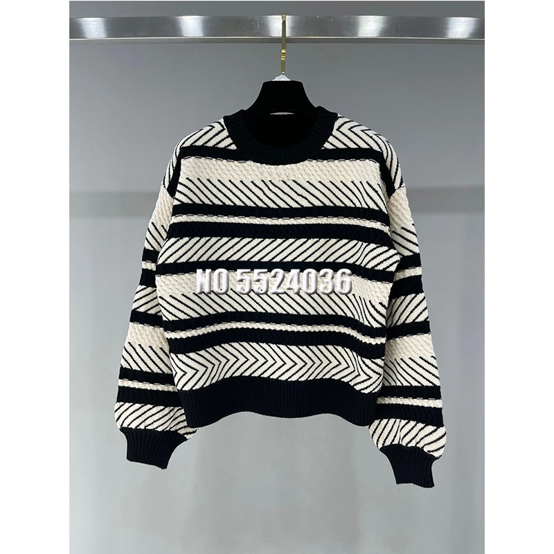 

Осень-зима 2021, вязаный свитер в полоску, женский элегантный плотный свободный свитер, пуловеры, женские модные вязаные топы с круглым вырезо...