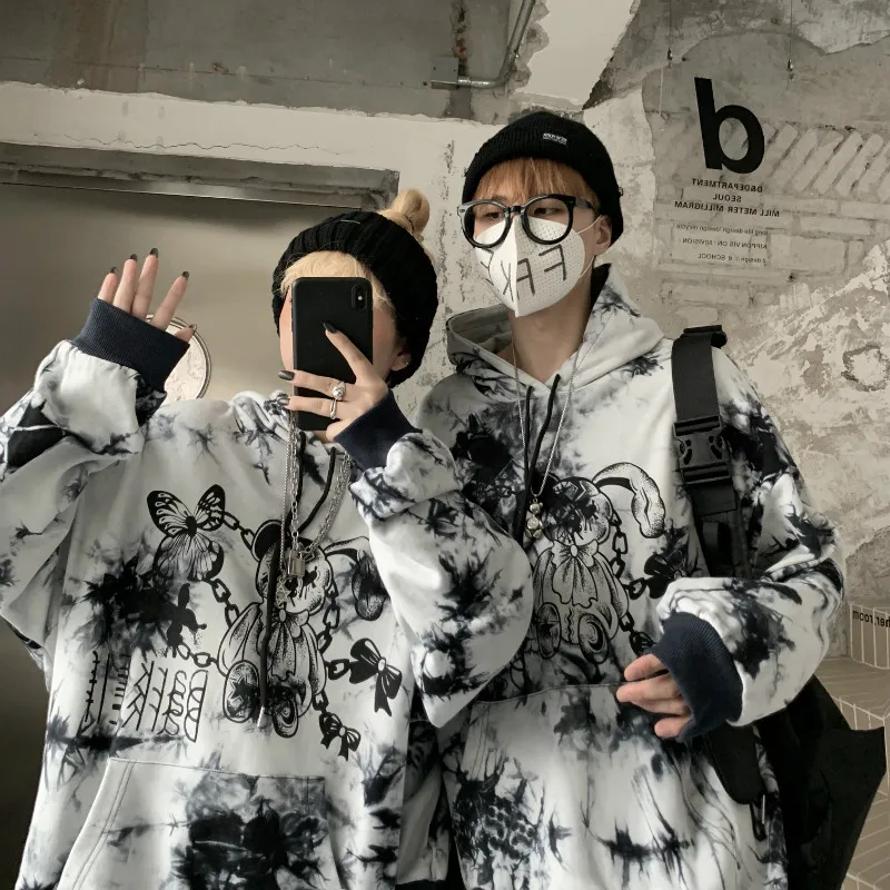 

2021 Spring Harajuku Dark Style Streetwear Long Sleeve Jacket Loose Hooded Sweatshirt Women Couple Hoodie Pullover