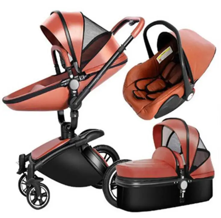 Brown three-in-one PU детская коляска прогулочная коляска сложенная детская коляска 3 в 1 коляска для 0-36 месяцев детская тележка - Цвет: Brown three-in-one