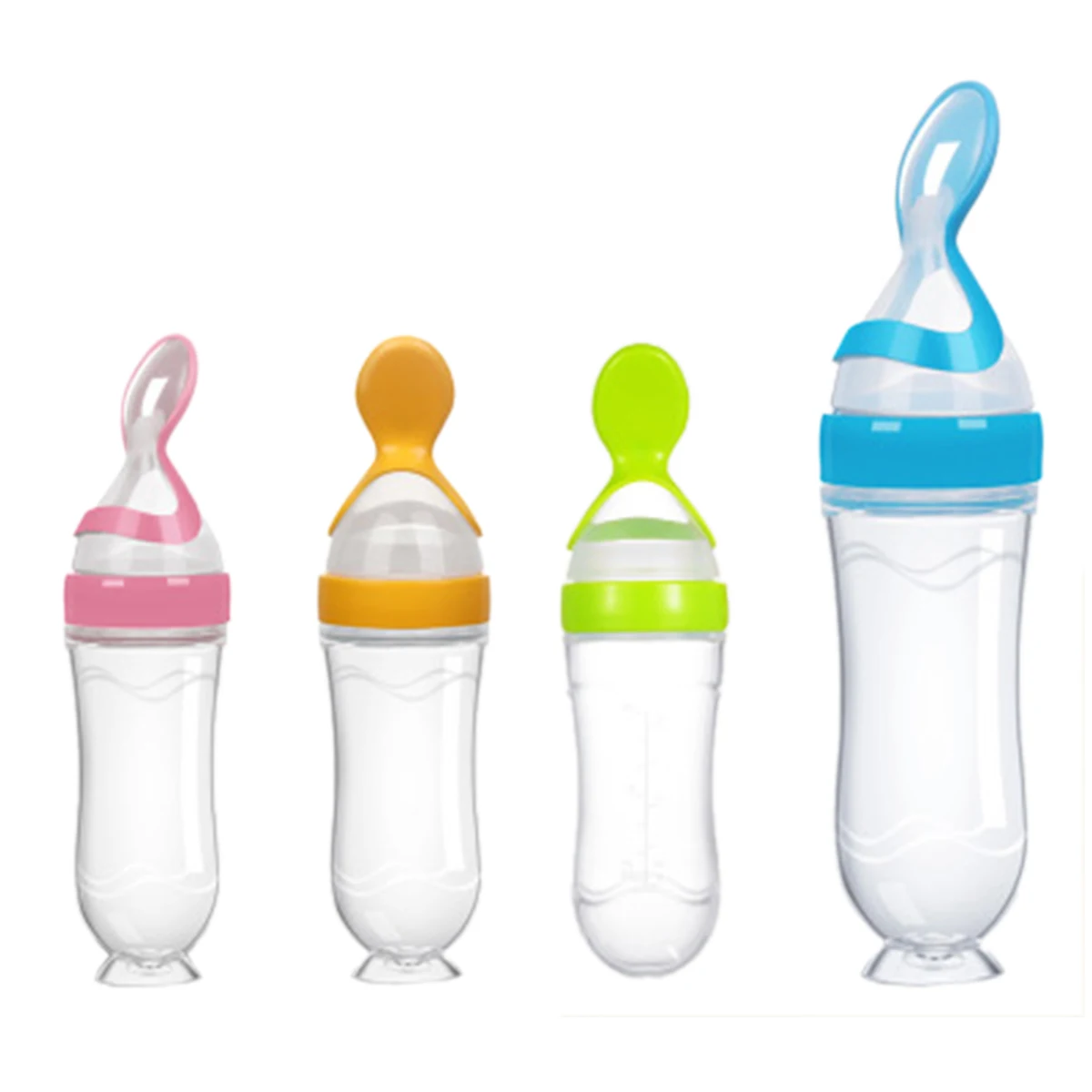 

2021 Newest Baby Silicone Squeeze Feeding Bottle With Spoon Food Rice Cereal Feeder Blue Pink Yellow