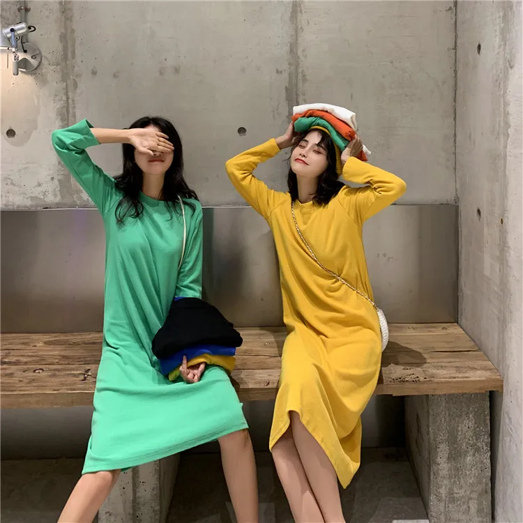 

Candy colour T Shirt Dress Women Autumn Long slevess Sexy Boho Elegant Loose Long Dresses Plus Size