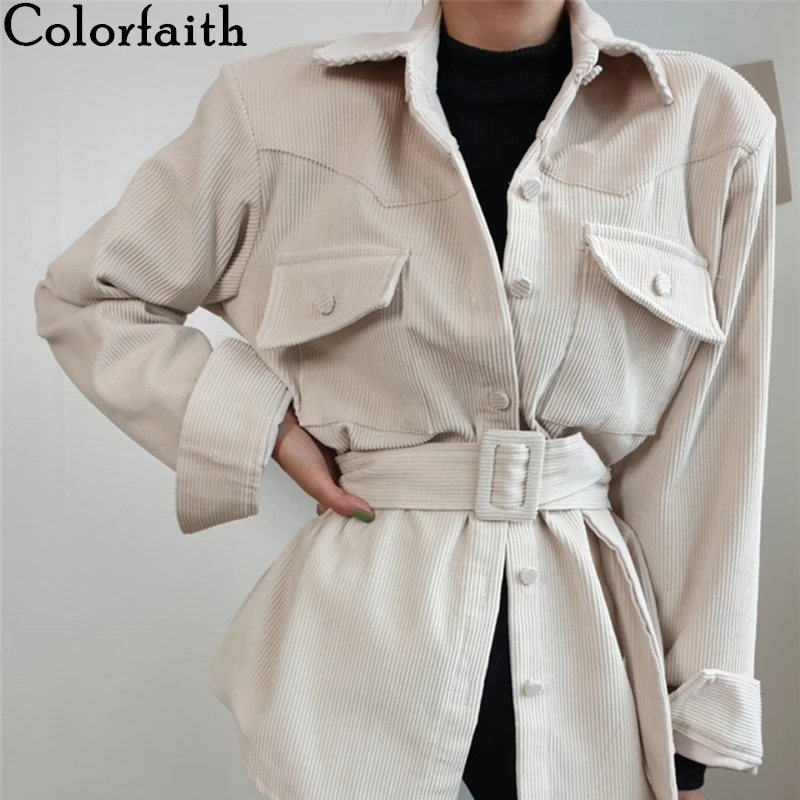 Colorfaith Новинка 2020 весна зима женские вельветовые куртки на шнуровке с карманами