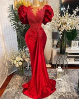 2022 plus size arabic red mermaid lace prom dresses beaded sheer neck velvet evening formal party second reception gowns