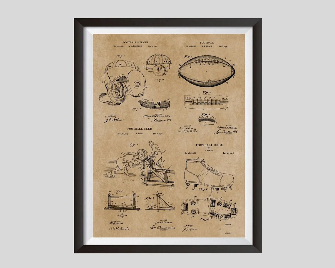 Football Gift, 4 Patent Prints, Vintage Patent Print NFL Football Art, Sports Poster, American Football Sports Fan Gift