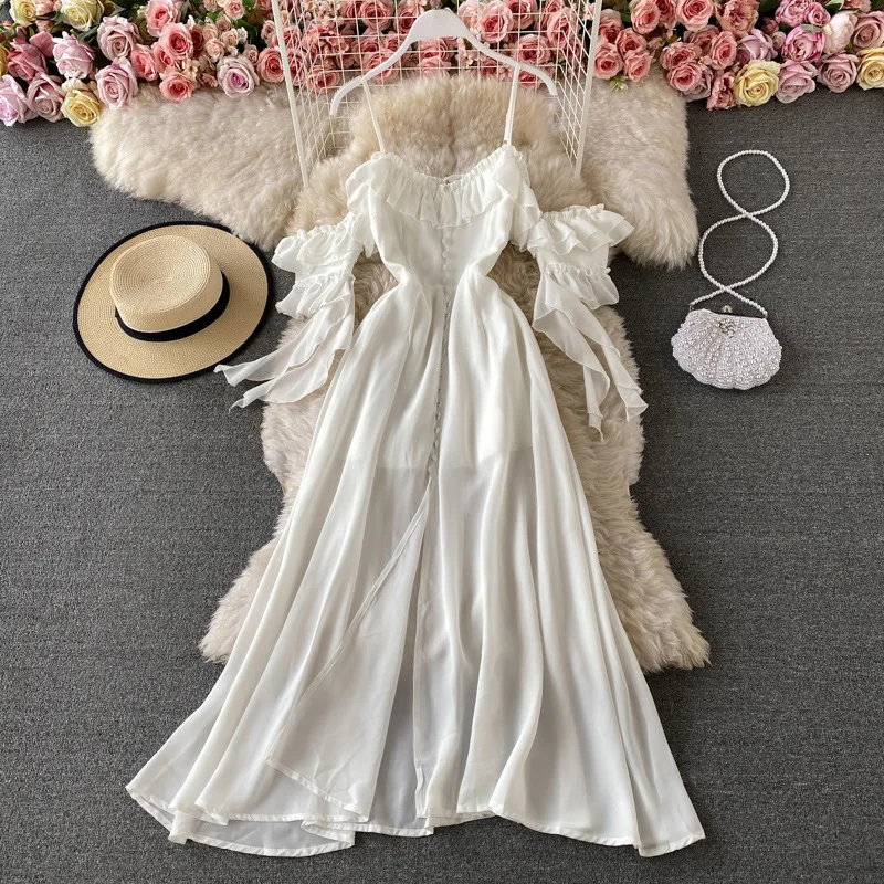 

High Quality Gentle Style Sling Long Women Dress Goddess Off-the-shoulder Slim White Summer Show Thin Big Swing Short Sleeves