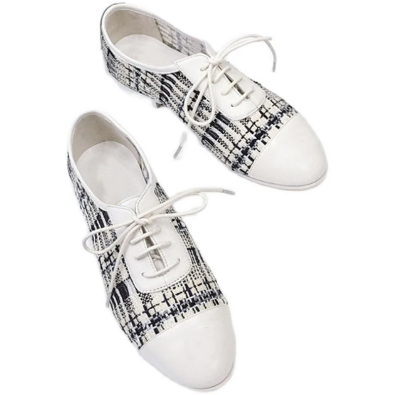 

2020 new small fragrant style lace-up woolen cloth single shoes women's rhombus pattern color matching retro leather flat shoes