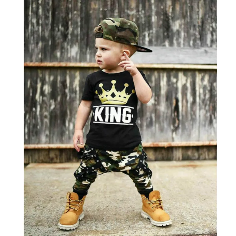 Комплект для мальчиков От 0 до 5 лет топы новорожденных футболка + камуфляжные