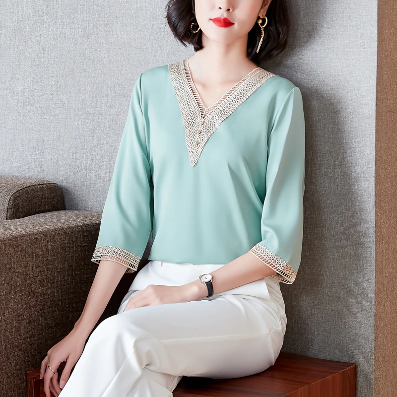 

Blouse Women Summer 2021 Fashion Half Sleeve Chiffon Solid Loose Beading V-Neck Khaki Skin Pink Blusas Womens Tops And Blouses