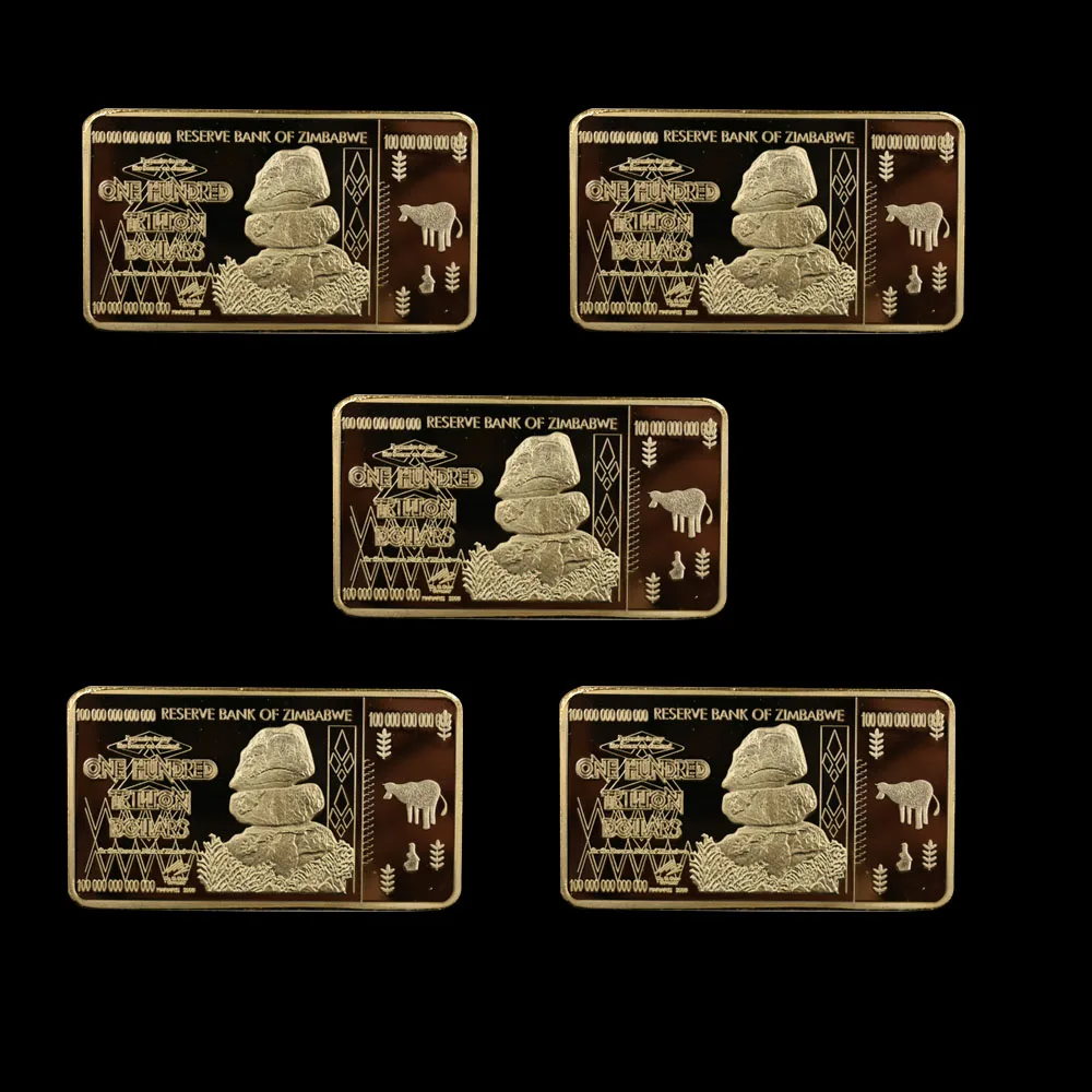 5 шт. изысканный Зимбабве $100 триллиона долларов США Золотой плакированный &amp