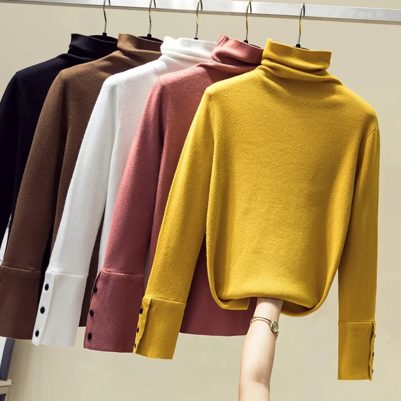 

Women Autumn Winter Solid Turtleneck Knitted Ladies Jumper Sueter Mujer Causal Long Sleeve Button Pullover Cashmere Pure Sweater