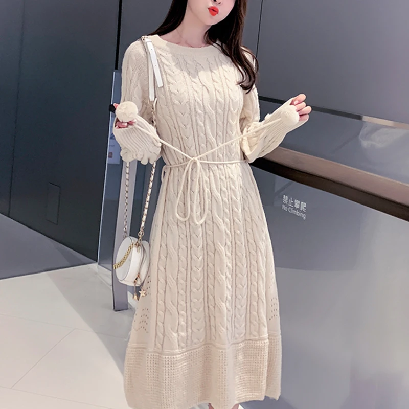 Корейский свитер платье женское Модные женские с высокой талией теплые платья De