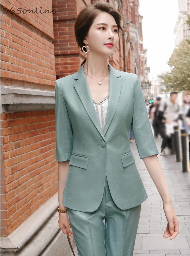 Женские Элегантные зеленые форменные брюки с полурукавами укороченные и жакеты