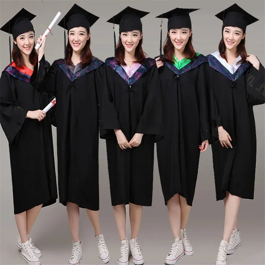 

University Graduation Gown Student High School Uniforms Class Team Wear Academic Dress for Adult Bachelor Robes+Hat Set