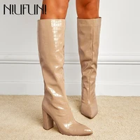 pointed thick high heels over the knee boots long tube slip on stone pattern patent leather womens high boots women boots shoes