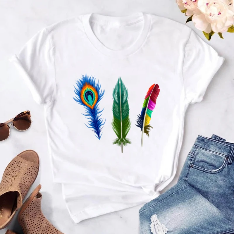 

Colorful Feather Print Women Tshirt Casual O-neck Short Sleeve Graphic T-Shirt Lady Tees Tops Shirts White Kawaii Soft Clothes