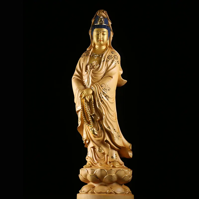 

35cm Solid Wood Wood Carving Crafts Buddha Ornaments Hand-painted Gold Painted Guanyin Bodhisattva Statue