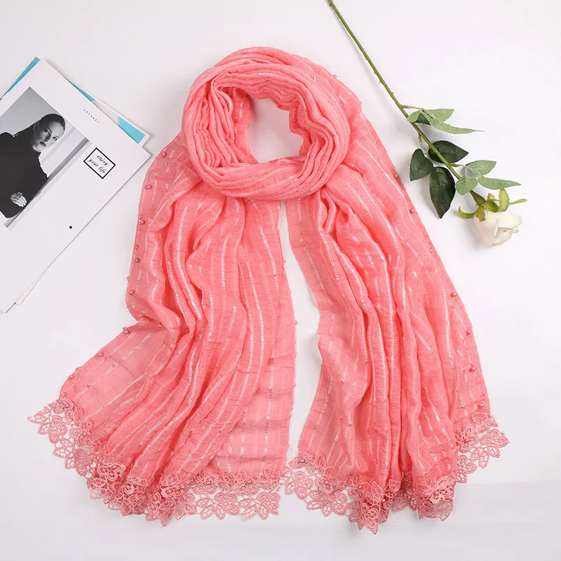 Шарф Кружевной Женский красный зеленый белый гофрированный с жемчугом