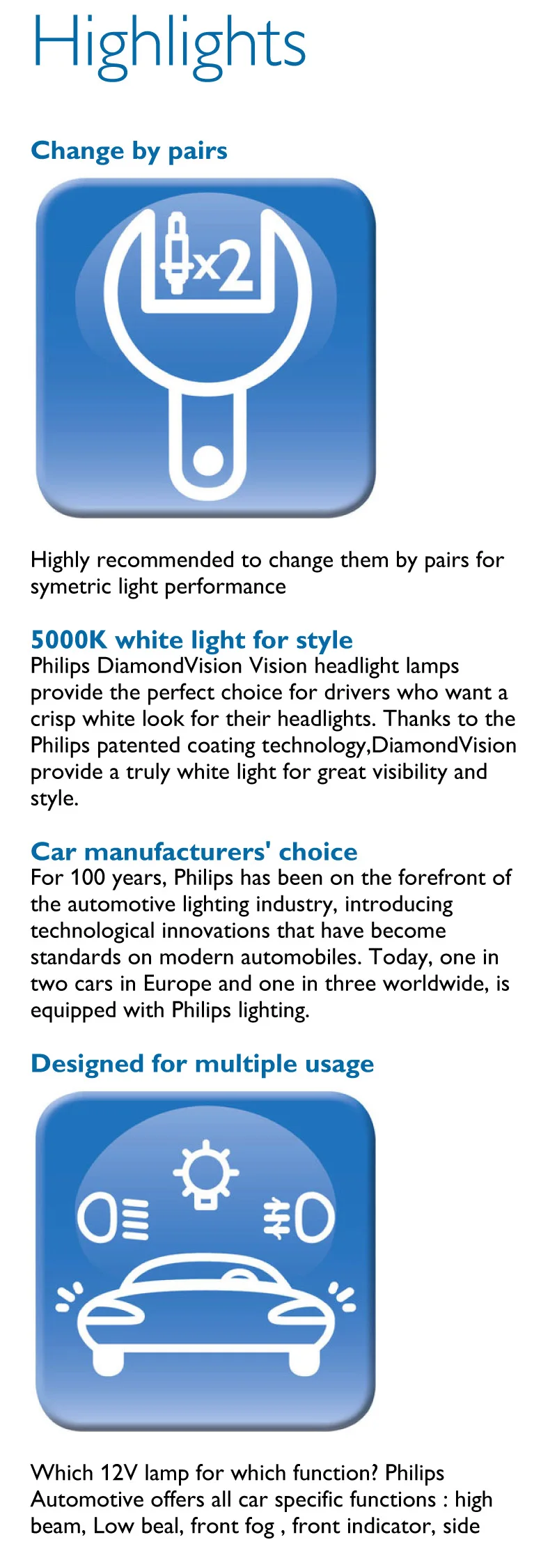 Philips H7 12V 55W PX26d алмазное видение 5000K супер белый свет Галогенные лампы авто фары 12972DV S2, пара