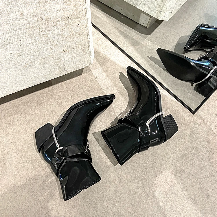 

Lenkisen new western boots real leather metal decorations chains thick high heel pointed toe zipper punk coolest ankle boots L17