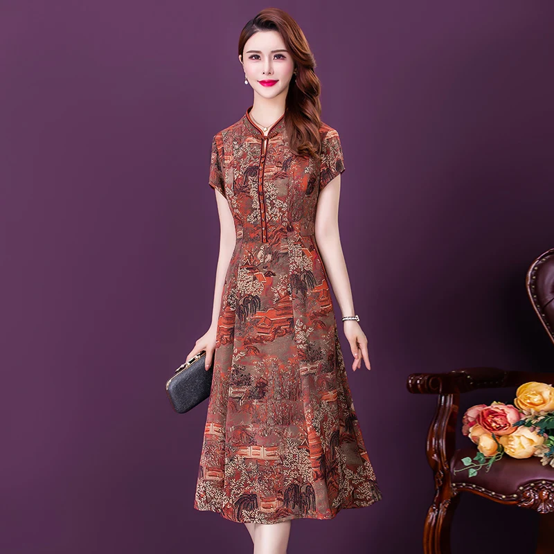 

Summer 2021 Middle Aged Retro Improved Cheongsam Robes Dress Beading Single Breasted Vintage Print Plus Size Xxxxxl Vestidos