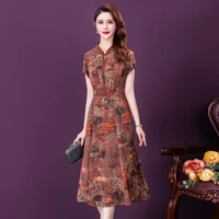 summer 2021 middle aged retro improved cheongsam robes dress beading single breasted vintage print plus size xxxxxl vestidos