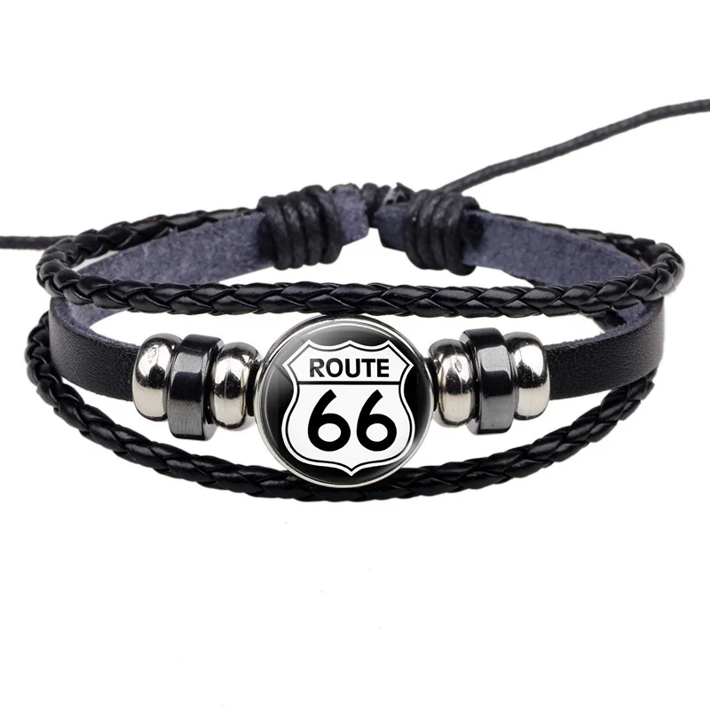 as show Route 66 знаки браслеты для мужчин и женщин панк тканый браслет Route 66 ювелирные изделия Шарм Черный Кожаный Браслет Путешествия Подарочные сувениры - Окраска металла: as show