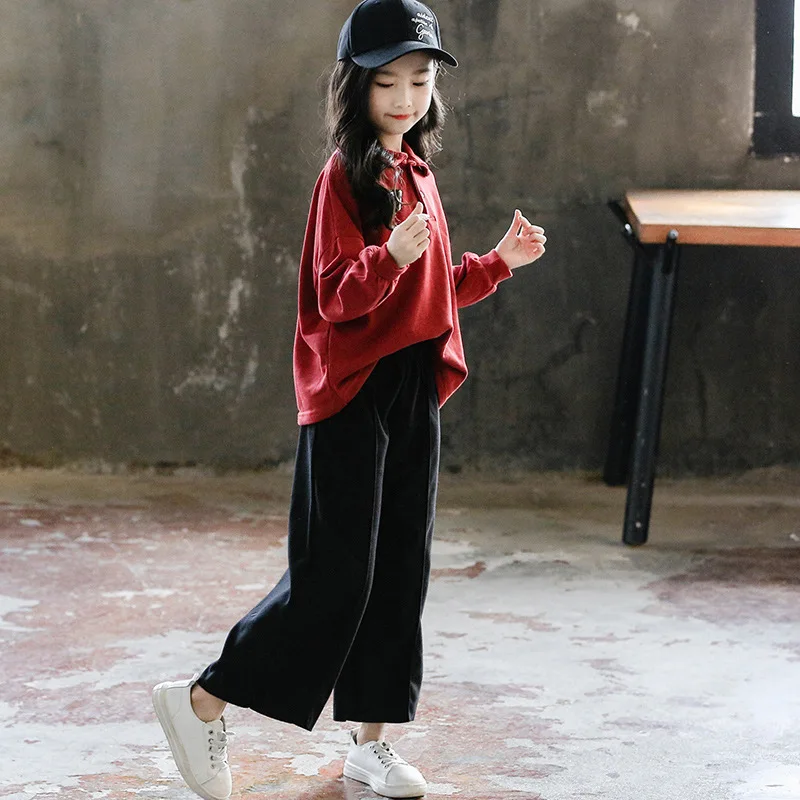 

New Spring 2020 Girls Clothing Sets Kids Sport Suits Girl 2 Pcs Loose Long Sleeve Sweatshirts Tops & Wide Leg Pants Clothes Sets