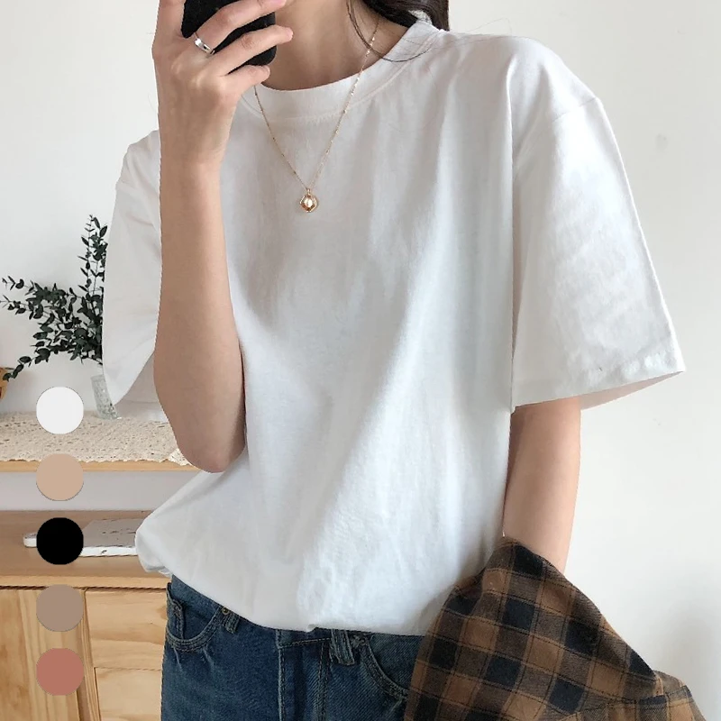 

Oversized T-shirt Summer Cotton New Women's Solid Short Sleeve T-shirt Office Lady Tops Retro Simple Round Neck Pullover