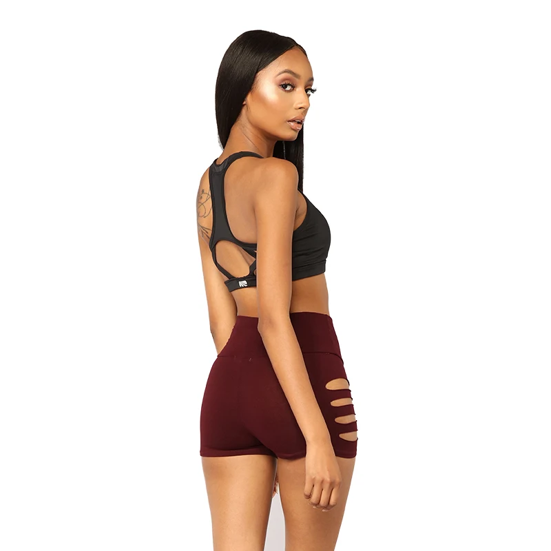 Женские шорты с вырезами черные спортивные дышащие высокой талией для спорта и