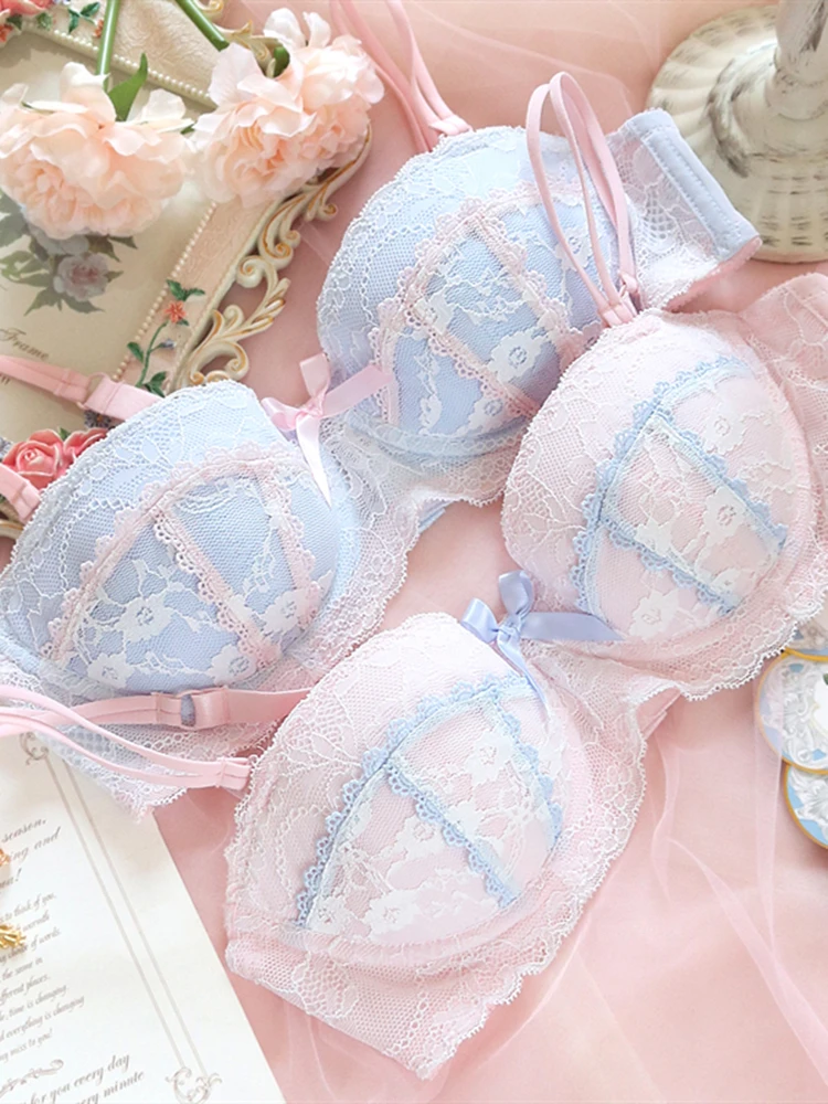 Japanese Underwear Sweet Cute Bowknot Lace Trim Teen Girl Small Fresh Steel Ring Gather Sexy Thin Bra Set Women
