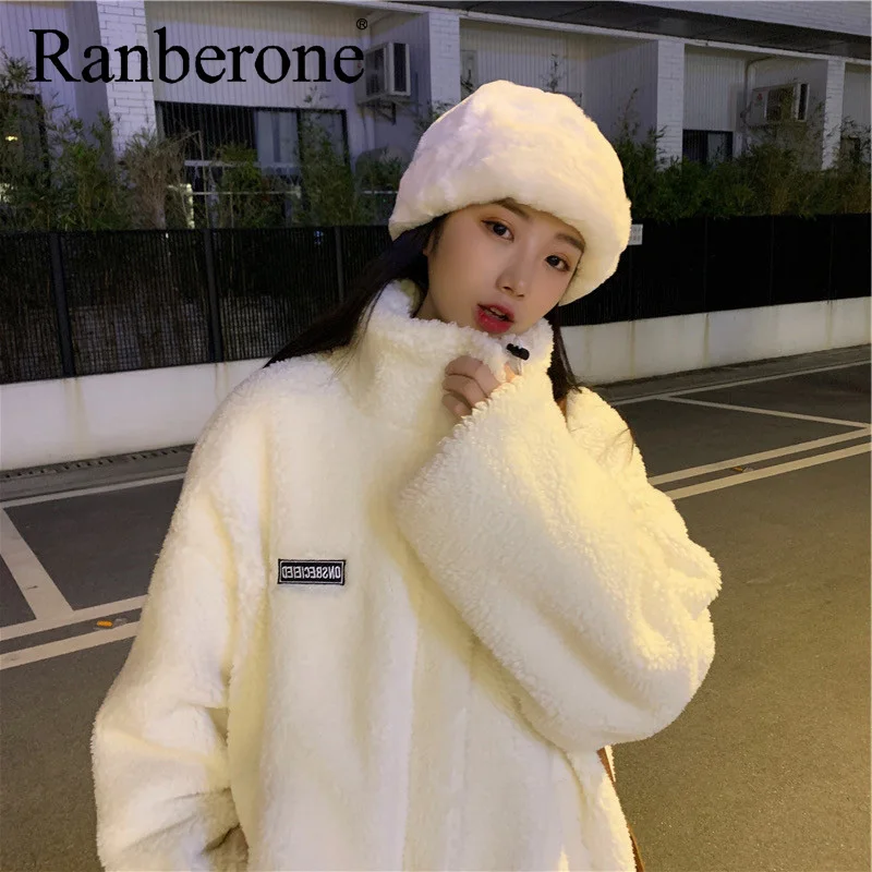 Ranberone Fashion Lamb Wool Autumn Winter Coat Women Jacket Oversized Warm Outerwear Female White Loose Tracksuit Women