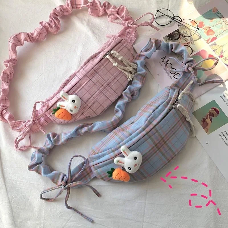 

Japanese canvas Plaid chest bag women straddle versatile small waist bag