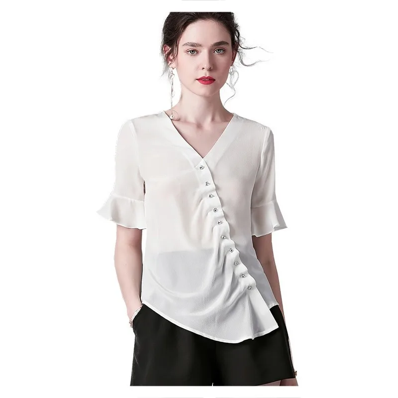 

Fashion Women's 2020 New Silk Shirt Pinch Pleated Flounce Bell Sleeve V-neck Solid Color Top