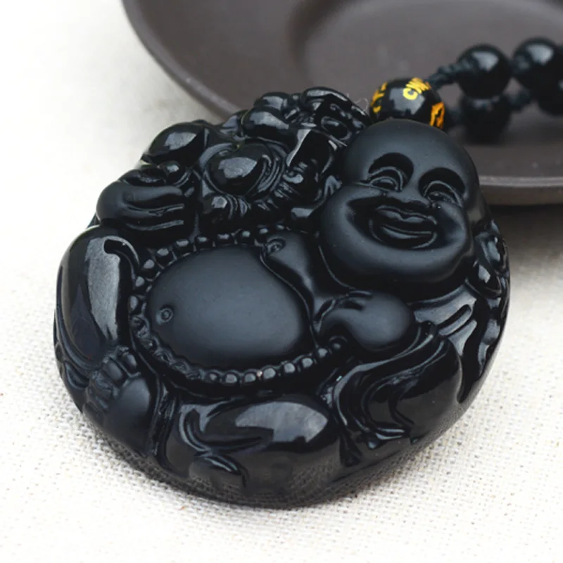 

Hot Sell Men Necklace Pendant Black Obsidian Carved Big Belly Maitreya Laughing Buddha Necklace Pendant Men Jades Stone Jewelry