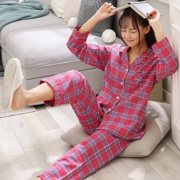 Autumn Winter New Pure Cotton Pajama Set Women's Long-sleeved Suit Plaid Stripes Print Pajamas