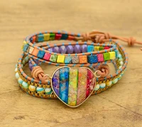 romantic spirit chakra leather wrapped bracelet w mixed stone heart shaped 3 stranded bracelet classic jewelry