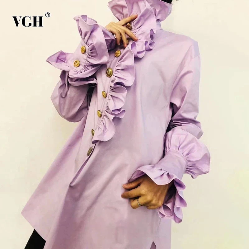 

VGH Solid Patchwork Ruffle Shirt For Female Turtleneck Flare Long Sleeve Elegant Black Blouse Female 2022 Fashion New Spring