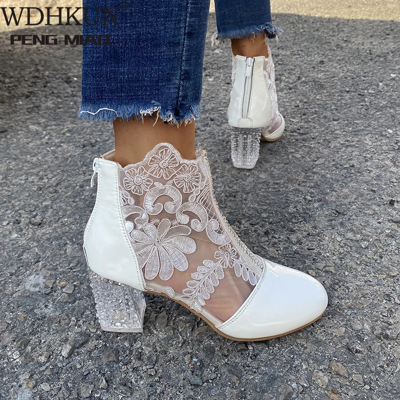 

2021 New Woman Mesh Black Ankle Boots for Women Summer Square Heels Boots Sandal Ladies Round Toe Lace Boots