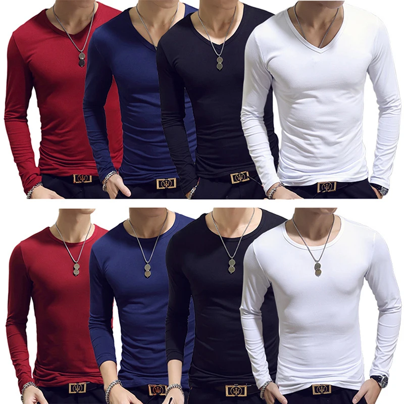 

White Solid Color Basic Slim Men T-shirt Spring Autumn Bottoming Shirt N87 Men Round Neck V-neck Casual Tops Long-sleeve Shirts