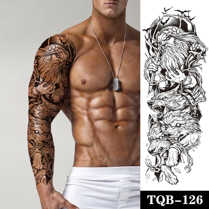 

Waterproof Temporary Tattoo Sticker Three Wolves Skull Crow Tattoos Black Chain Body Art Full Arm Fake Sleeve Tatoo Women Men