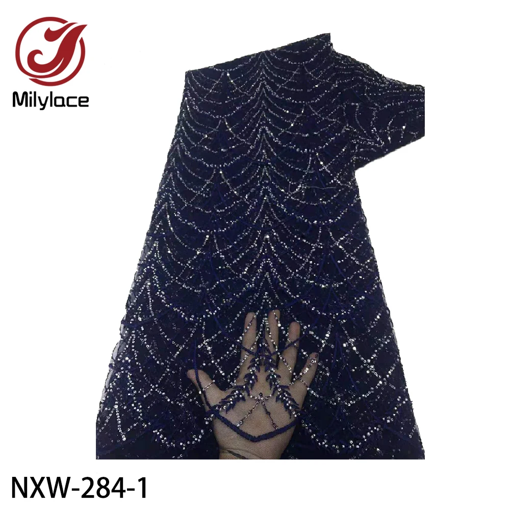 

African Lace Fabrics High Quality Lace Sequins Nigerian Sequence Lace Fabrics French Tulle Lace Fabric for Party Dress NXW-284