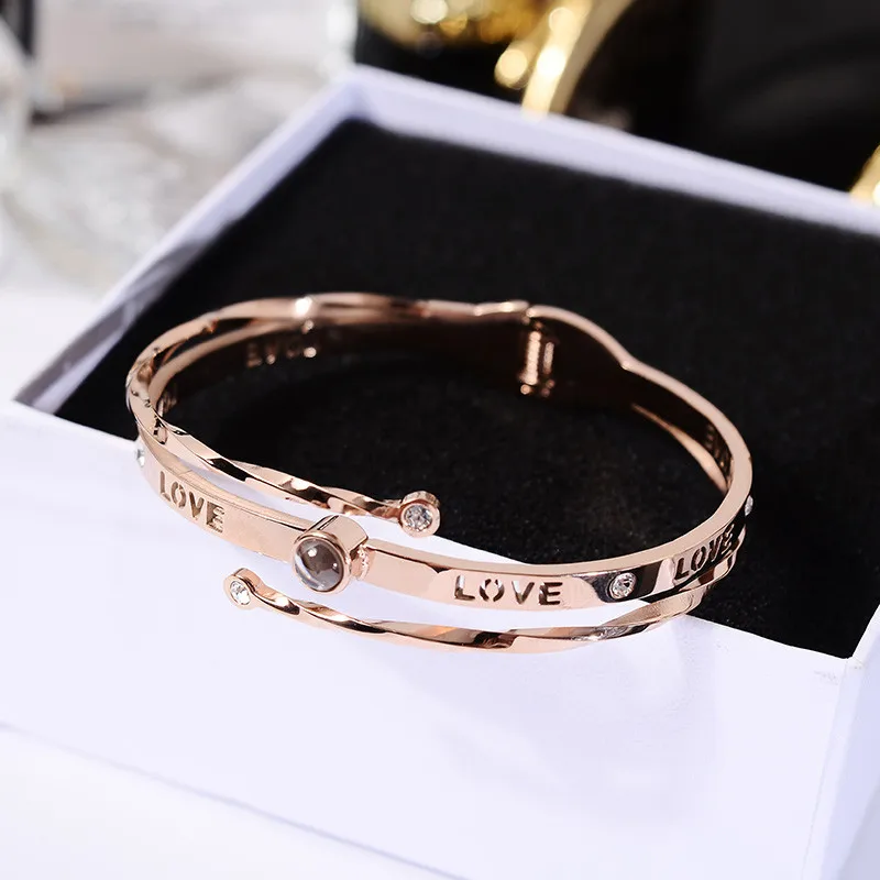 

YUN RUO100 languages I love you Projection Bangle Rose Gold Women Man Gift Titanium Steel Jewelry Not Change Color Drop Shipping