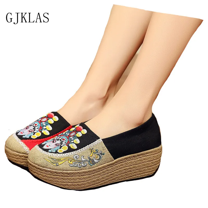 

Туфли женские массивные на платформе, льняная соломенная обувь с вышивкой, без застежки, Пекин опера, макияж, ручная работа, кроссовки